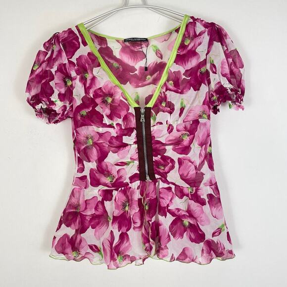 Dolce & Gabbana Purple Floral Print V Neck Puff Sleeve Blouse Size Large - Picture 1 of 8